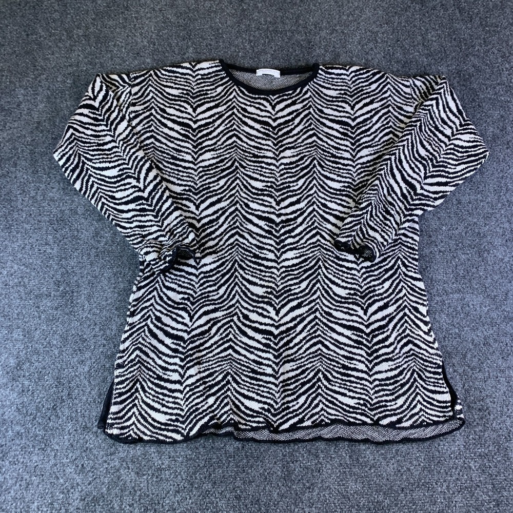 Joan Vass Sweater Womens 1 Black White Cotton Knit Crew Neck Zebra Print Casual